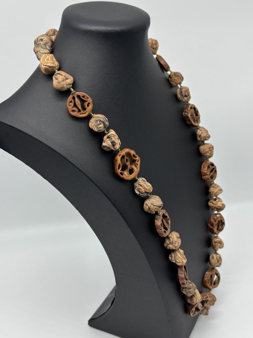 Vintage Miriam Haskell Organic Walnut Shell and Pit Bead Necklace Signed Clasp